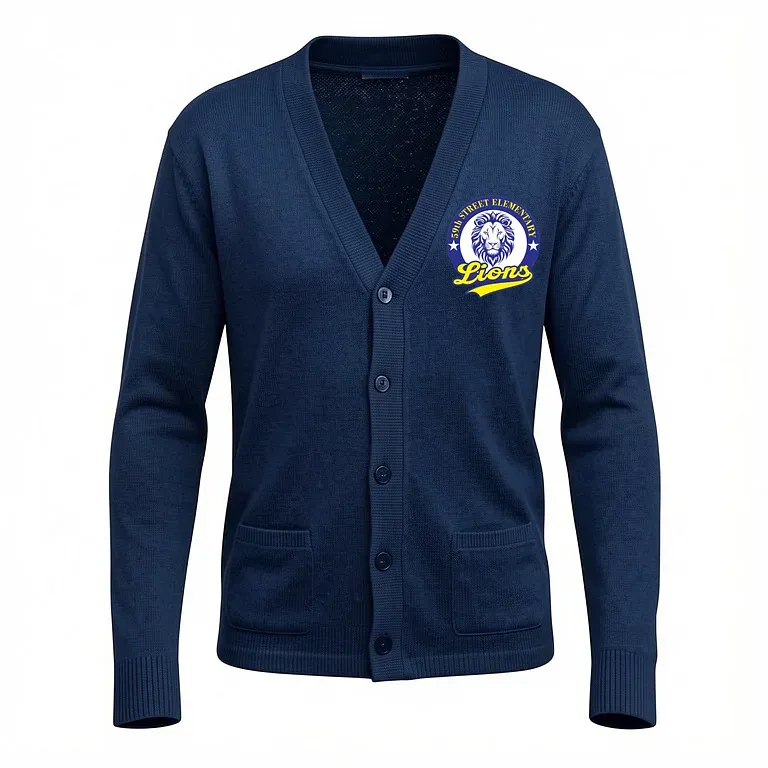 59th Street Elementary Navy Cardigan Sweater with embroidered school logo