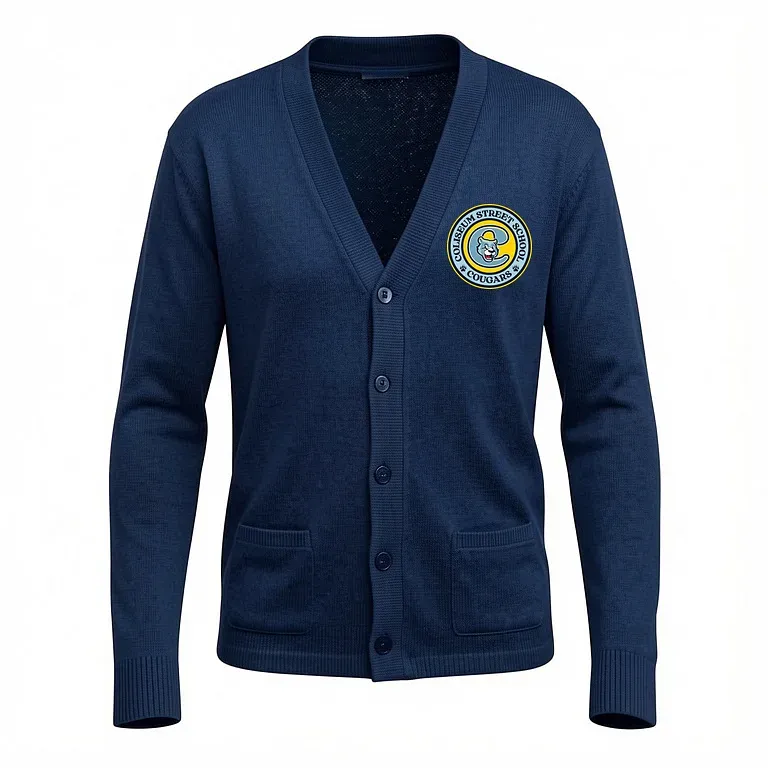 Coliseum St Elementary Navy Cardigan Sweater with embroidered school logo