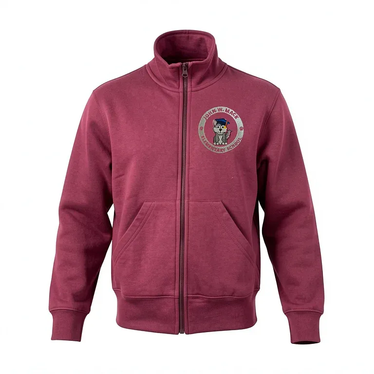John Mack Elementary School Burgandy Full Zip Sweatshirt (no Hood) with embroidered school logo