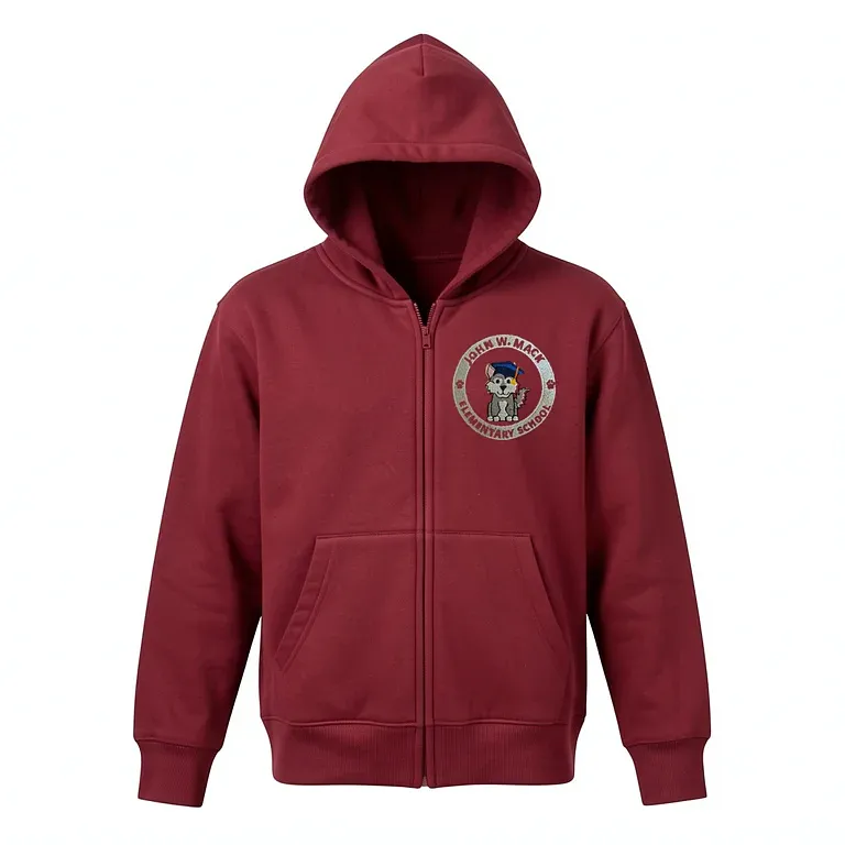 John Mack Elementary School Burgandy Full Zip Sweatshirt (with Hood) with embroidered school logo