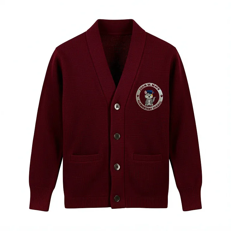 John Mack Elementary School Burgandy Cardigan Sweater with embroidered school logo