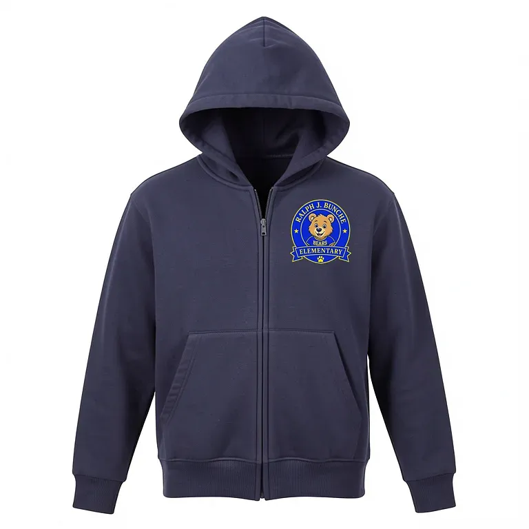 Bunche Elementary Navy Full Zip Sweatshirt (with Hood) with embroidered school logo
