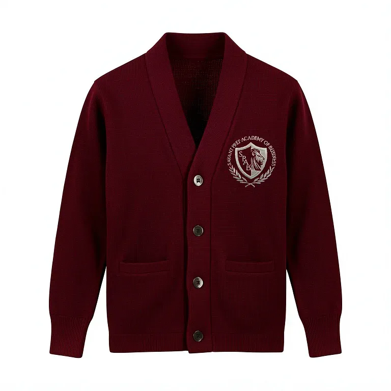 Savant Prep Academy Burgandy Cardigan Sweater with embroidered school logo