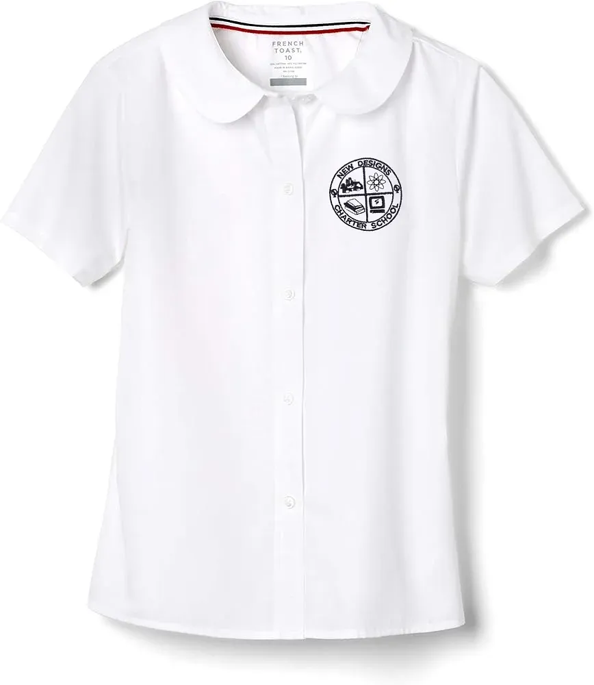 New Designs Middle School White Girls Peter Pan Blouse with embroidered school logo