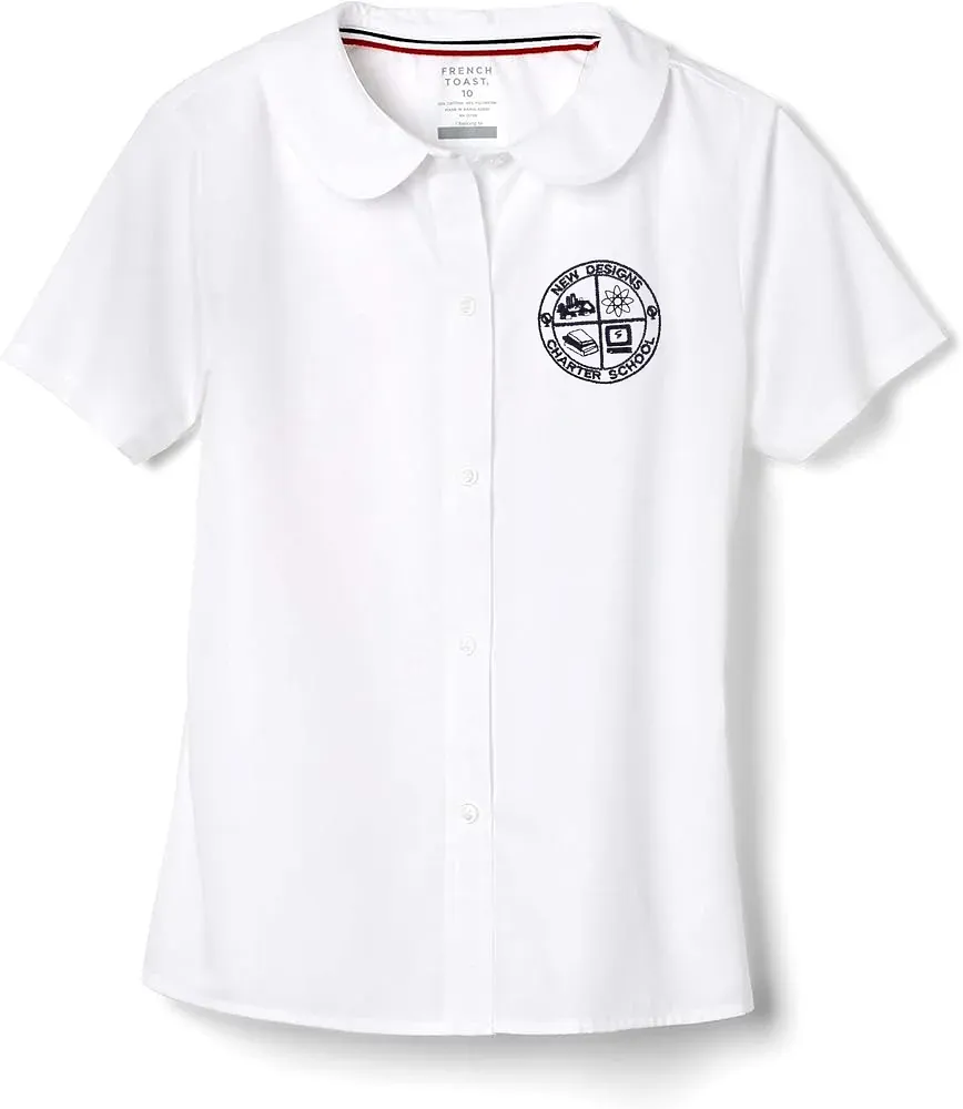 New Designs High School White Girls Peter Pan Blouse with embroidered school logo