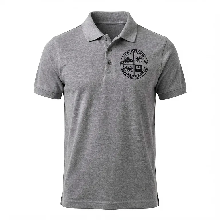 New Designs High School Gray Polo Shirt with embroidered school logo