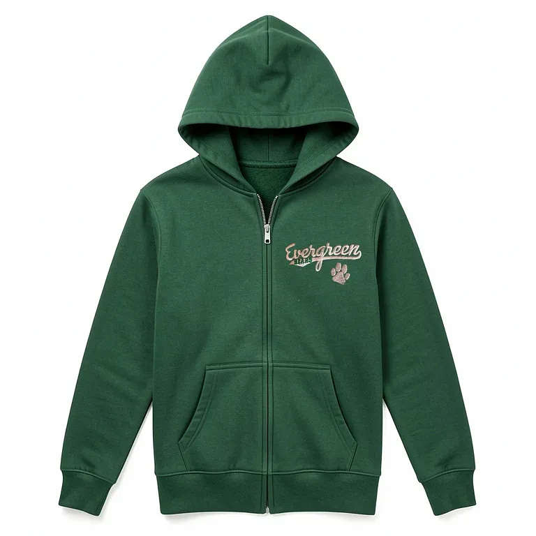 Evergreen Elementary Green Full Zip Sweatshirt (with Hood) with embroidered school logo