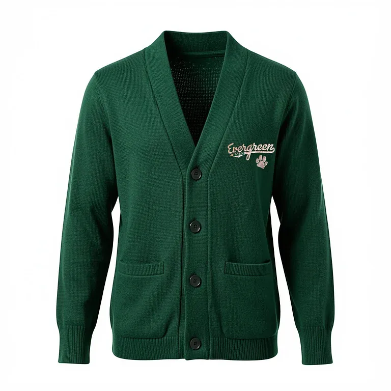 Evergreen Elementary Green Cardigan Sweater with embroidered school logo