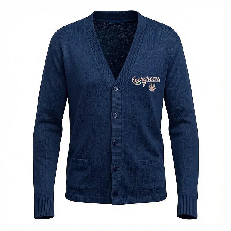 Evergreen Elementary Navy Cardigan Sweater with embroidered school logo