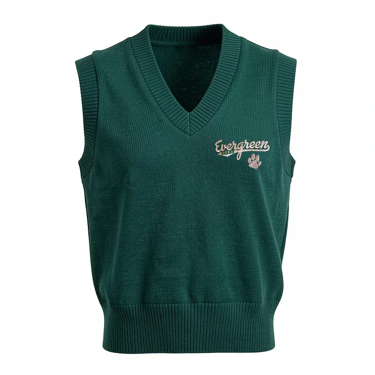 Evergreen Elementary Green V-Neck Vest with embroidered school logo