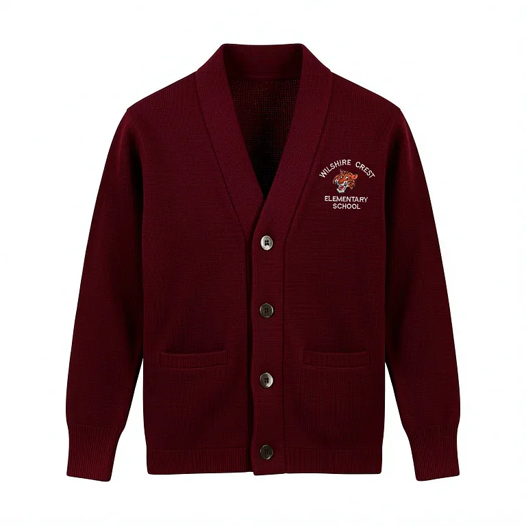 Wilshire Crest Elementary Burgandy Cardigan Sweater with embroidered school logo