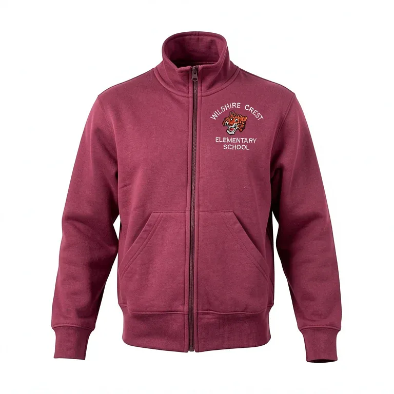 Wilshire Crest Elementary Burgandy Full Zip Sweatshirt (no Hood) with embroidered school logo