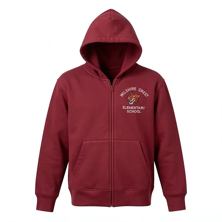 Wilshire Crest Elementary Burgandy Full Zip Sweatshirt (with Hood) with embroidered school logo