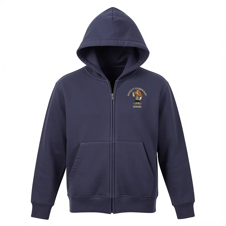 Bassett Street Elementary Navy Full Zip Sweatshirt (with Hood) with embroidered school logo