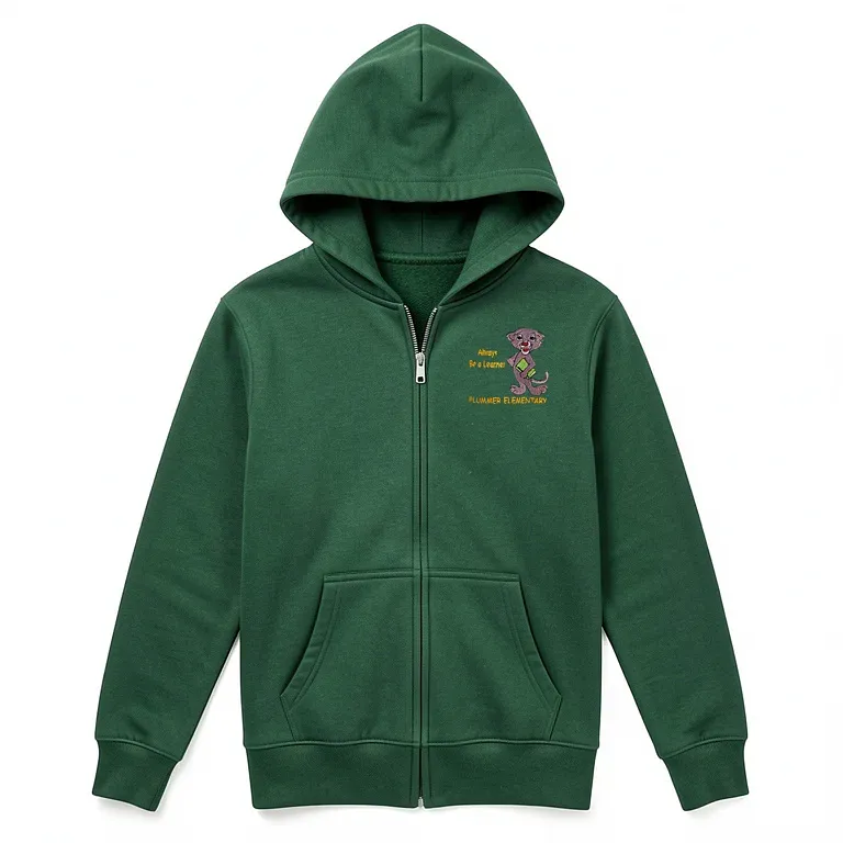 Plummer Elementary Green Full Zip Sweatshirt (with Hood) with embroidered school logo