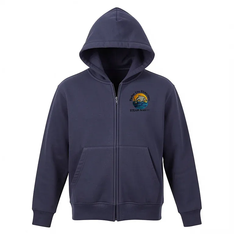 Harbor City Elementary School Navy Full Zip Sweatshirt (with Hood) with embroidered school logo
